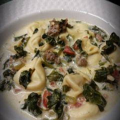 A picture of Spinich sausage tortellini soup.