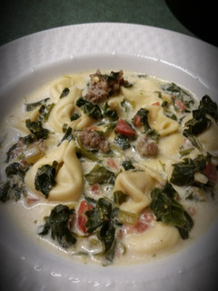 A picture of Spinich sausage tortellini soup.
