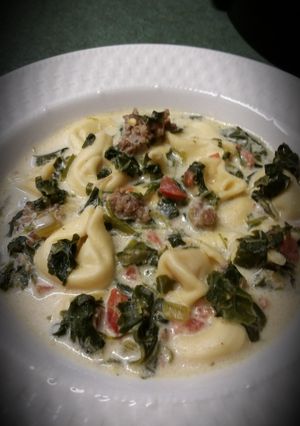 A picture of Spinich sausage tortellini soup.