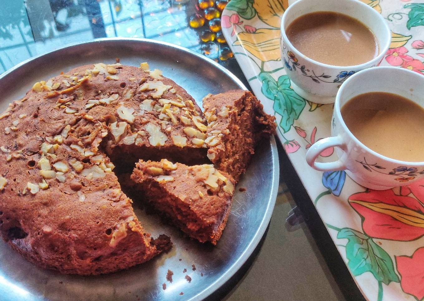 Eggless Banana Walnut Almond Cake
