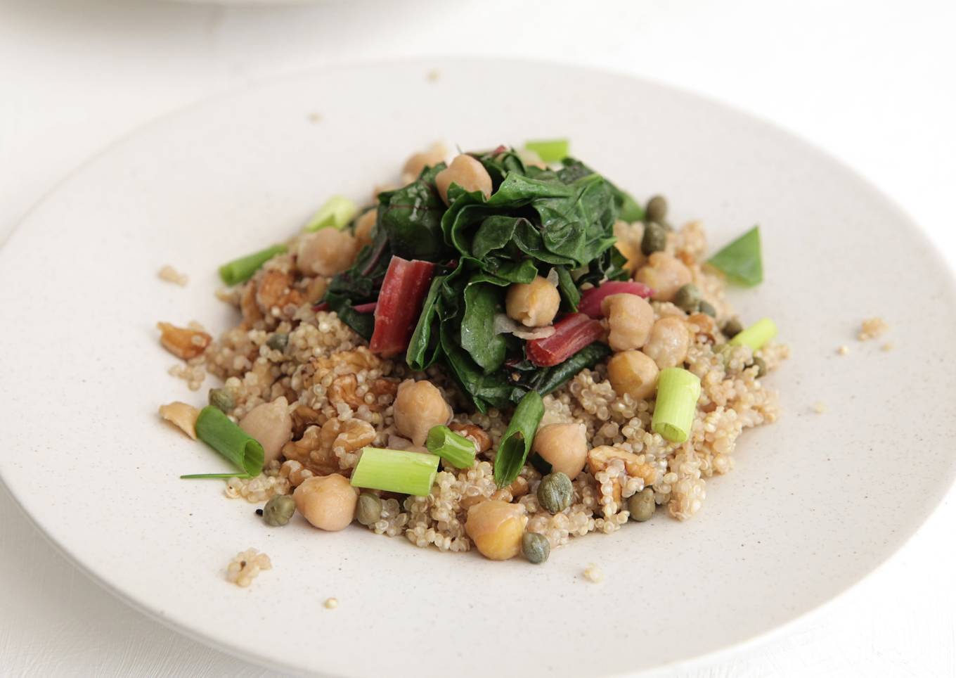 Caper-Walnut Quinoa with Sautéed Swiss Chard, Chickpeas and Scallions