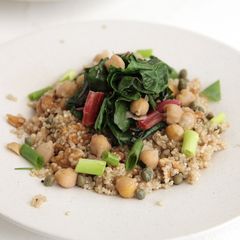 A picture of Caper-Walnut Quinoa with Sautéed Swiss Chard, Chickpeas and Scallions.