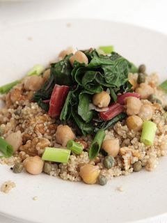 A picture of Caper-Walnut Quinoa with Sautéed Swiss Chard, Chickpeas and Scallions.