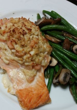 A picture of Stuffed Salmon w/ Crab and Shrimp.