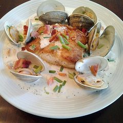 A picture of Pan Seared Halibut With Clam Chowder Sauce.
