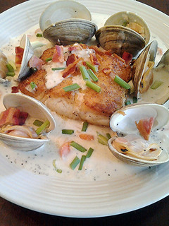 A picture of Pan Seared Halibut With Clam Chowder Sauce.