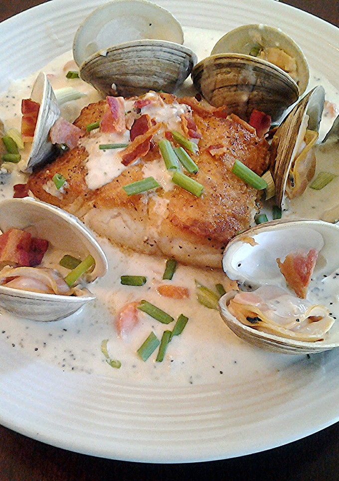 A picture of Pan Seared Halibut With Clam Chowder Sauce.