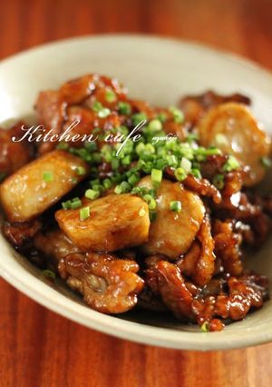 A picture of Teriyaki Taro Roots and Pork.