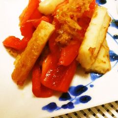A picture of For Bentos ♪ Stir Fried Bell Pepper and Chikuwa with Bonito Flakes.