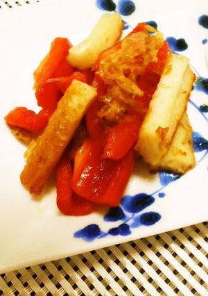 A picture of For Bentos ♪ Stir Fried Bell Pepper and Chikuwa with Bonito Flakes.