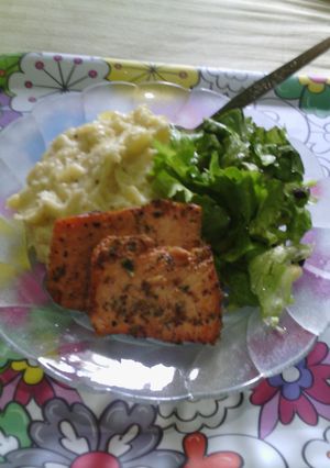 A picture of Lemon grass infused pink salmon.