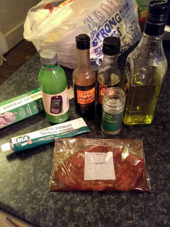 A picture of Sophie's amazing steak marinade & side..