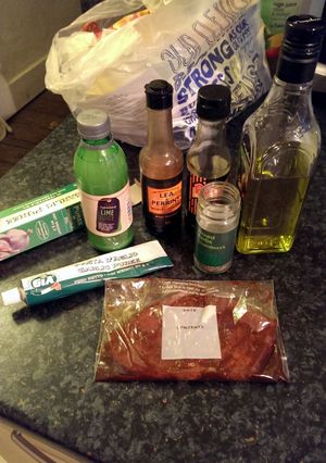 A picture of Sophie's amazing steak marinade & side..