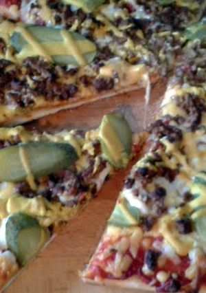 A picture of Vegetarian 'Cheeseburger' Pizza.