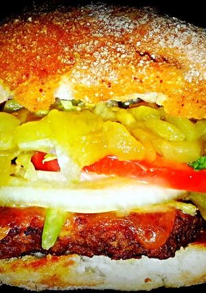 A picture of Mike's Green Chile Cheeseburgers.