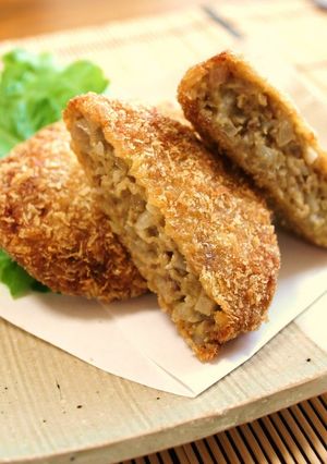 A picture of Crunchy Menchi Katsu with Lotus Root.