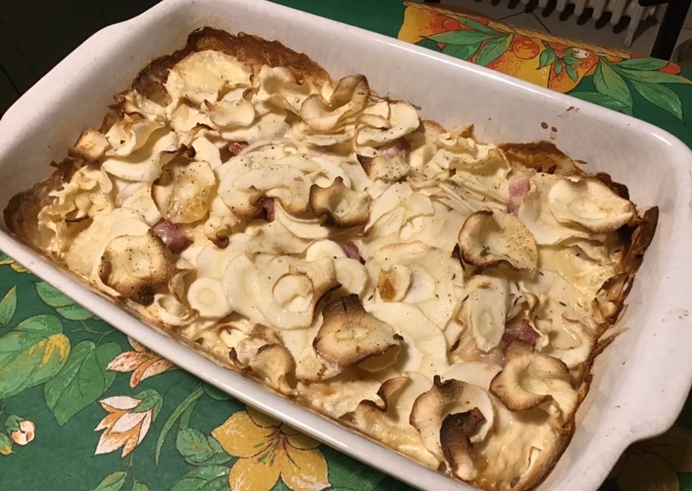 Gratin de panais au lard,emmental et crème