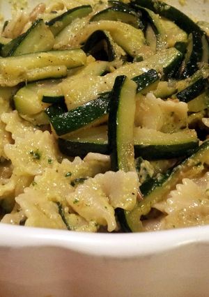 A picture of AMIEs FARFALLE & ZUCCHINI with PISTACHIO Nut & BASIL Sauce.