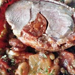 A picture of Sig's Bean and Lentil Stew with griddled and stuffed Tenderloin.