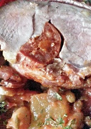 A picture of Sig's Bean and Lentil Stew with griddled and stuffed Tenderloin.