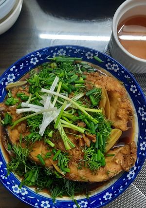 Hình của món Cá song (mú) hấp xì dầu riềng sả.