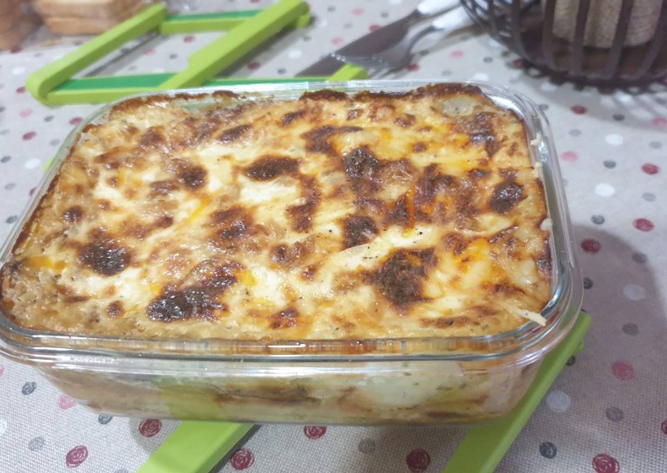 Lasaña fácil de papa, calabacín y champiñones