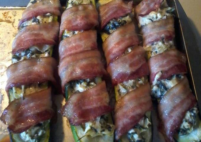 Steps to Prepare Super Quick Homemade Bacon Wrapped Stuffed Zucchinis