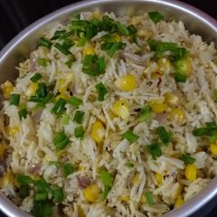 Sweetcorn pulao steamed in milk A picture of Sweetcorn pulao steamed in milk.