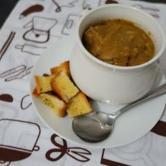 A picture of Barley Soup with Croutons.