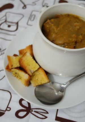 A picture of Barley Soup with Croutons.
