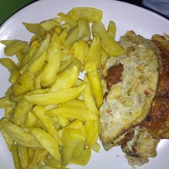 A picture of Chips and fried eggs.