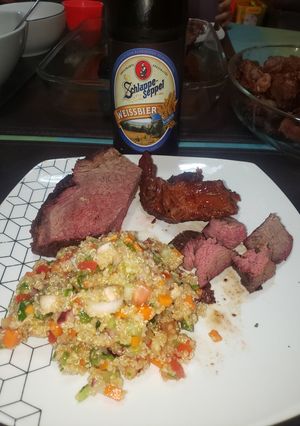 Una foto de Punta de ganso y entraña de cerdo ahumada con quinoa Jorge