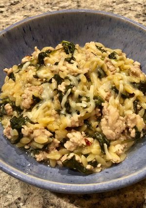 A picture of Creamy Orzo with turkey and spinach.