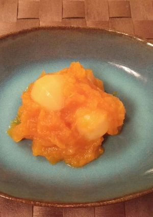 A picture of Pumpkin “kinton,” Mashed Pumpkin with Sweetened Chestnuts.