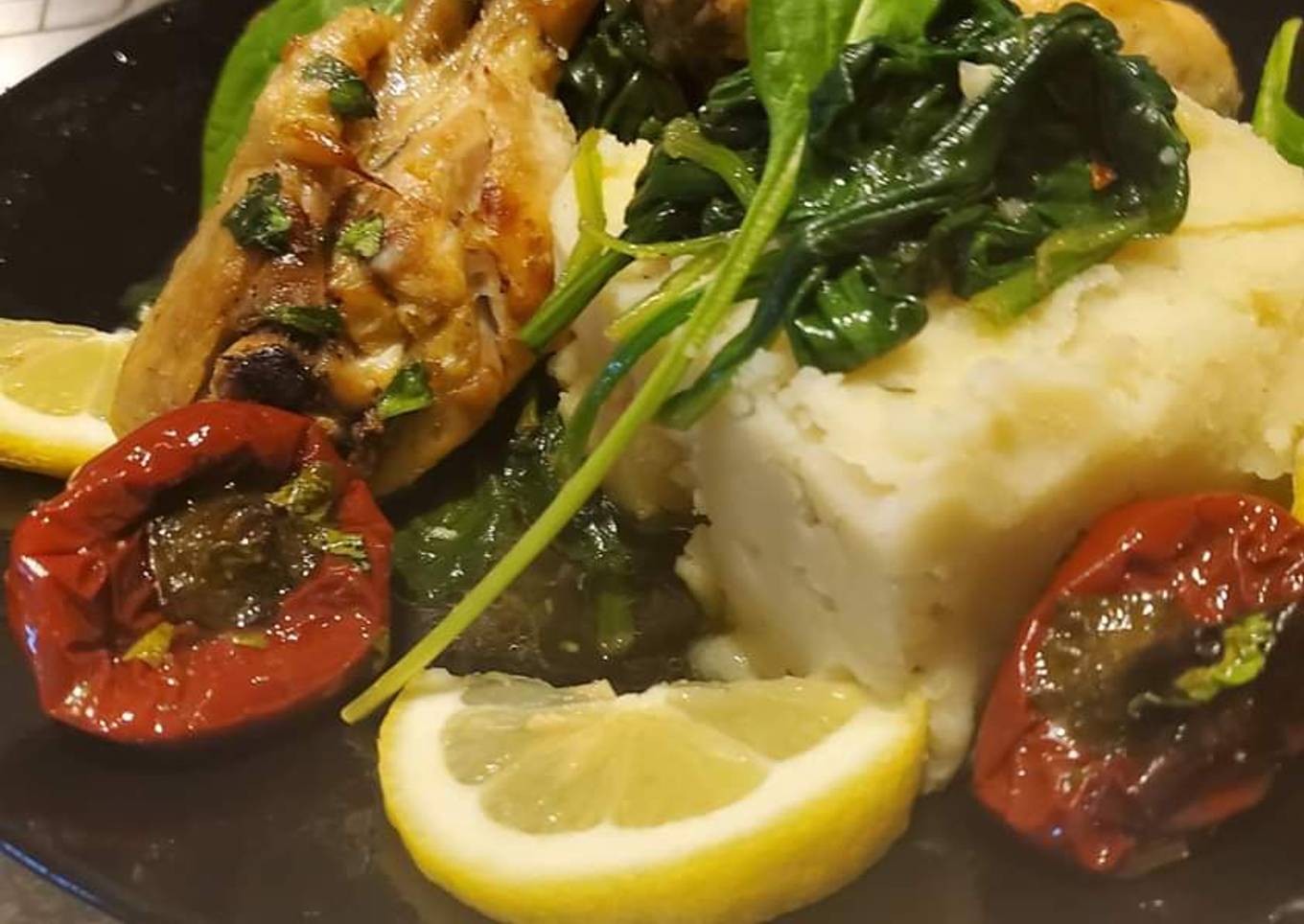 Spicy baked Lemon Chicken with Garlic Mashed & Sauteed Spinach