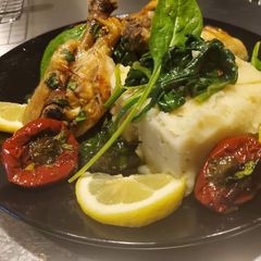 A picture of Spicy baked Lemon Chicken with Garlic Mashed & Sauteed Spinach.