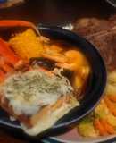 Home-cooked Surf-n-Turf (seafood and steak w/sides)