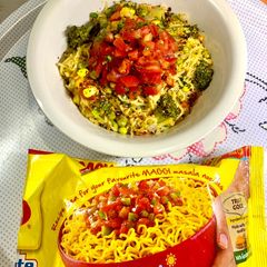 A picture of Green Veggie Maggi with Sweet and Savory Salsa.