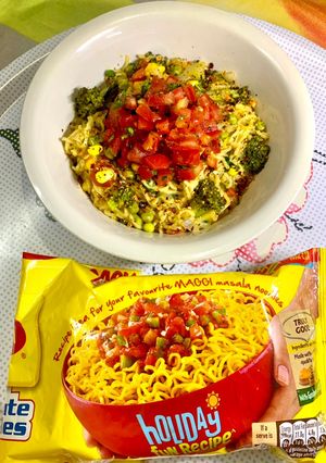 A picture of Green Veggie Maggi with Sweet and Savory Salsa.