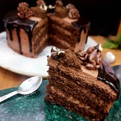A picture of Death by Chocolate Cake, with Eggless, Whole wheat base.