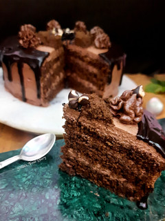 A picture of Death by Chocolate Cake, with Eggless, Whole wheat base.