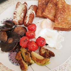 A picture of My Garlic Mushroom & stuffed Sausage Brunch.😀.