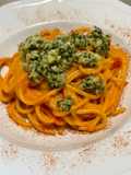 Spaghetti in padella 32 crema di pomodoro e caciotta di Padola verde al basilico