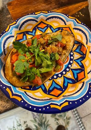 A picture of Stuffed eggplant.