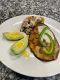 Fry eggplant with rice and black beans