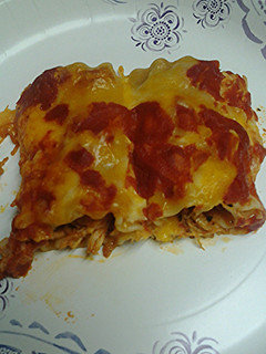 A picture of Pasta wrapped chicken.