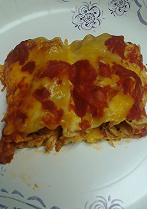 A picture of Pasta wrapped chicken.