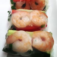 Shrimp spring rolls with pb2 sweet chili sauce A picture of Shrimp spring rolls with pb2 sweet chili sauce.