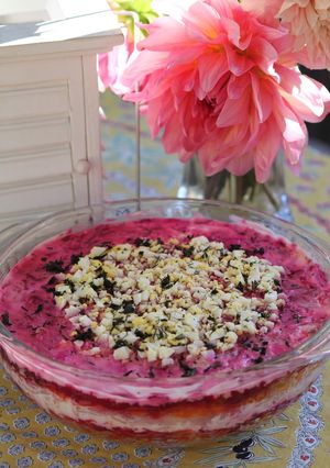A picture of Shuba (Russian Layered Salad with Beets).