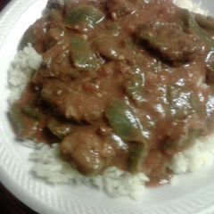 Sheree's Savory Pepper Steak in the crockpot A picture of Sheree's Savory Pepper Steak in the crockpot.
